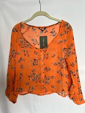 CMNC Woman Orange Floral Button-Front Blouse